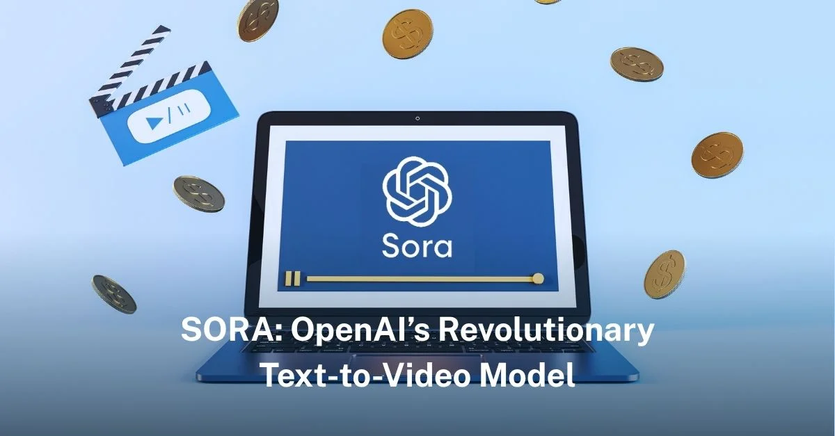Ein Laptop mit dem OpenAI-Logo und dem Sora-Videoplayer auf dem Bildschirm, umgeben von Münzen und einer Filmklappe.