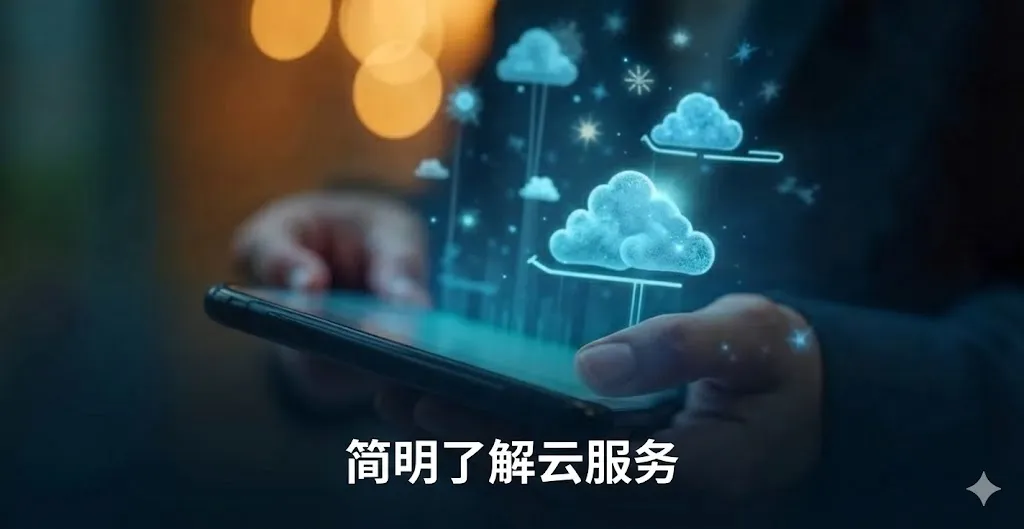 画面中一个人的手正握着智能手机，手机屏幕上方漂浮着多个发光的蓝色云朵和星星图标。下方配有白色中文文字：“一分钟了解云服务”