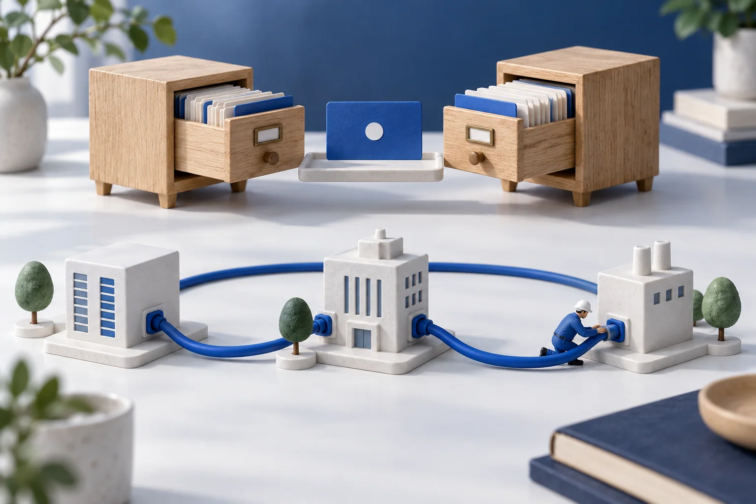 A blue record card sits between two filing cabinets above a network of connected model buildings.