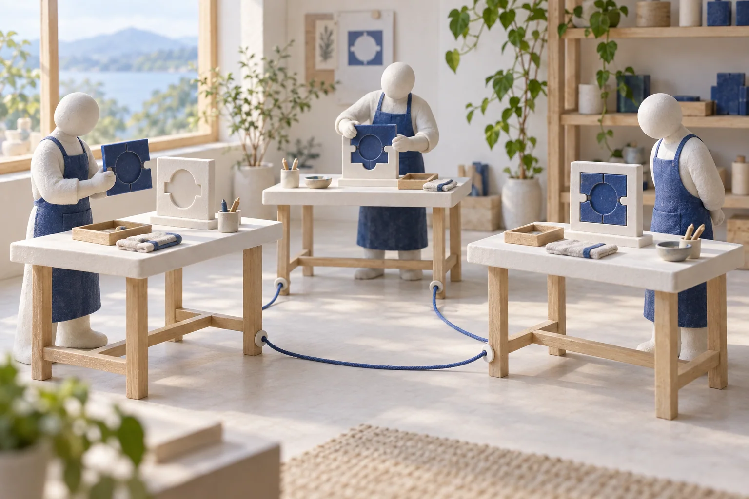 Trois figurines vérifient séparément des pièces bleues au même motif, chacune avec son propre gabarit blanc.