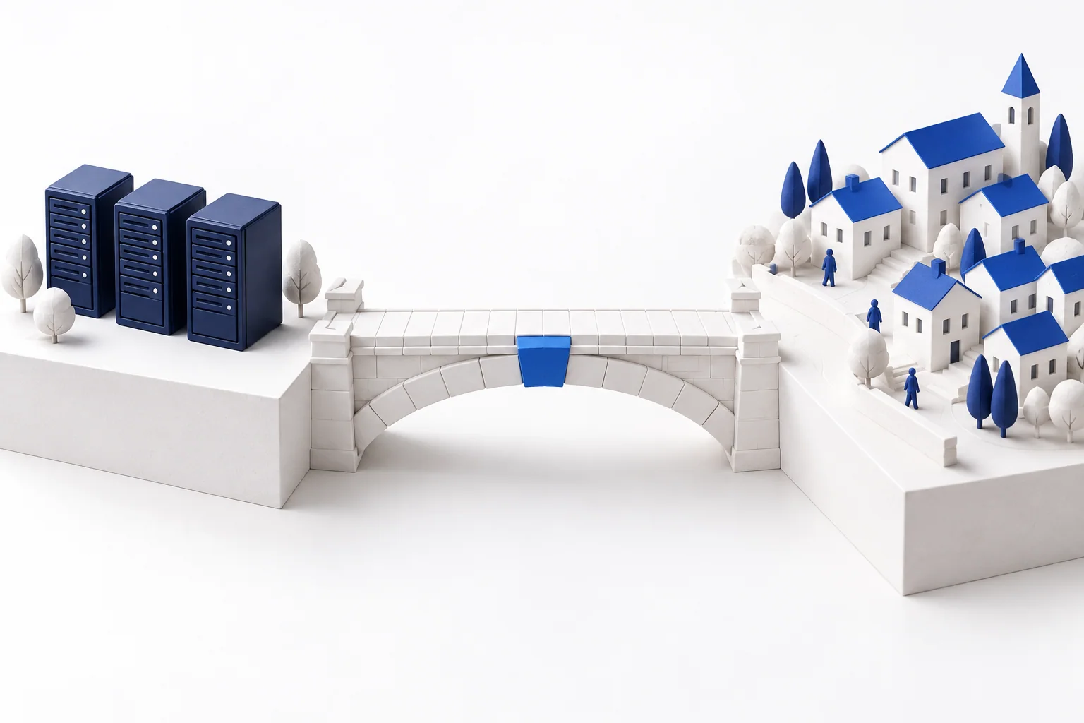 Ilustración conceptual de un puente blanco con una dovela azul en el centro, entre unos servidores y un barrio.