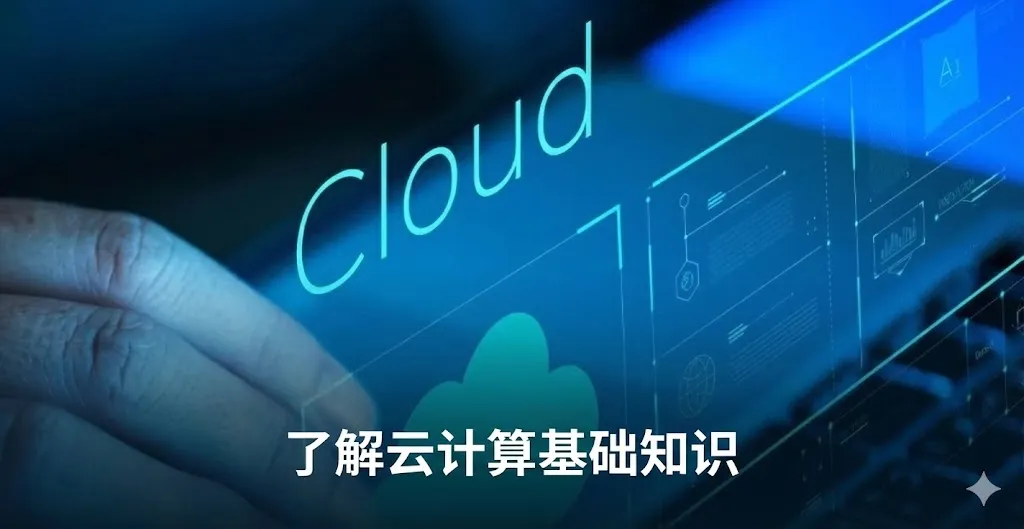 一张充满科技感的图片，背景呈现深蓝色调，显示出笔记本电脑键盘和手部的局部特写。屏幕上方漂浮着淡蓝色的“Cloud”字样和云朵图标，以及复杂的数字化信息图表。图片中央有明显的白色中文文字：“了解云计算的基础知识”。