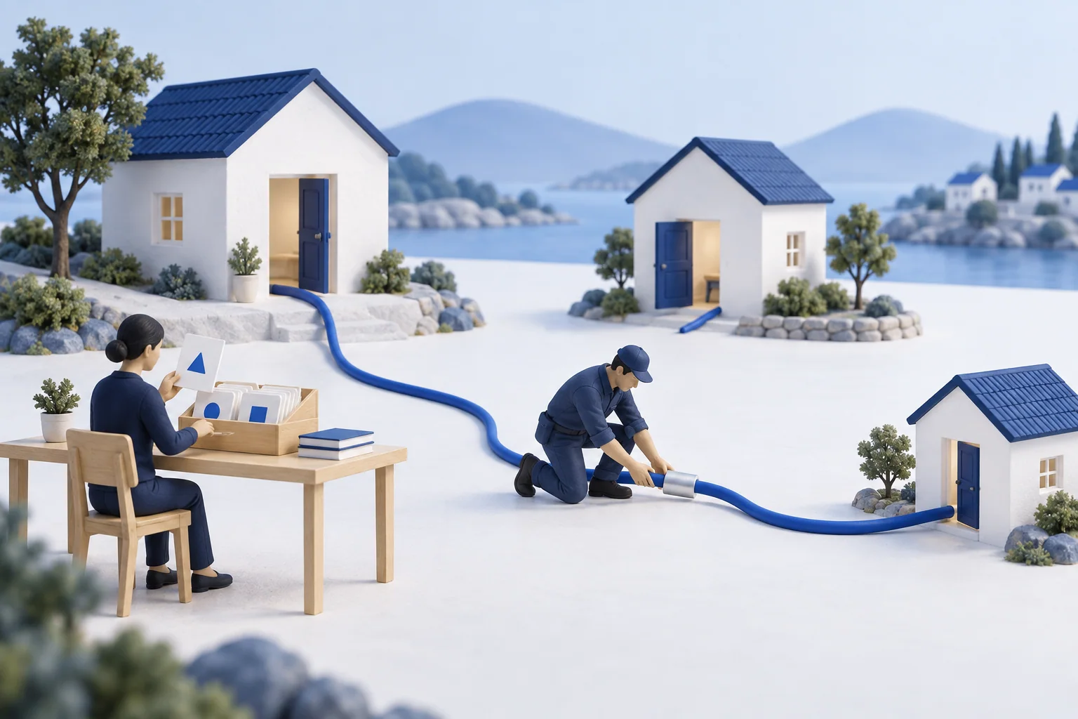 A miniature engineer connects two houses while a recordkeeper checks cards at a separate desk.