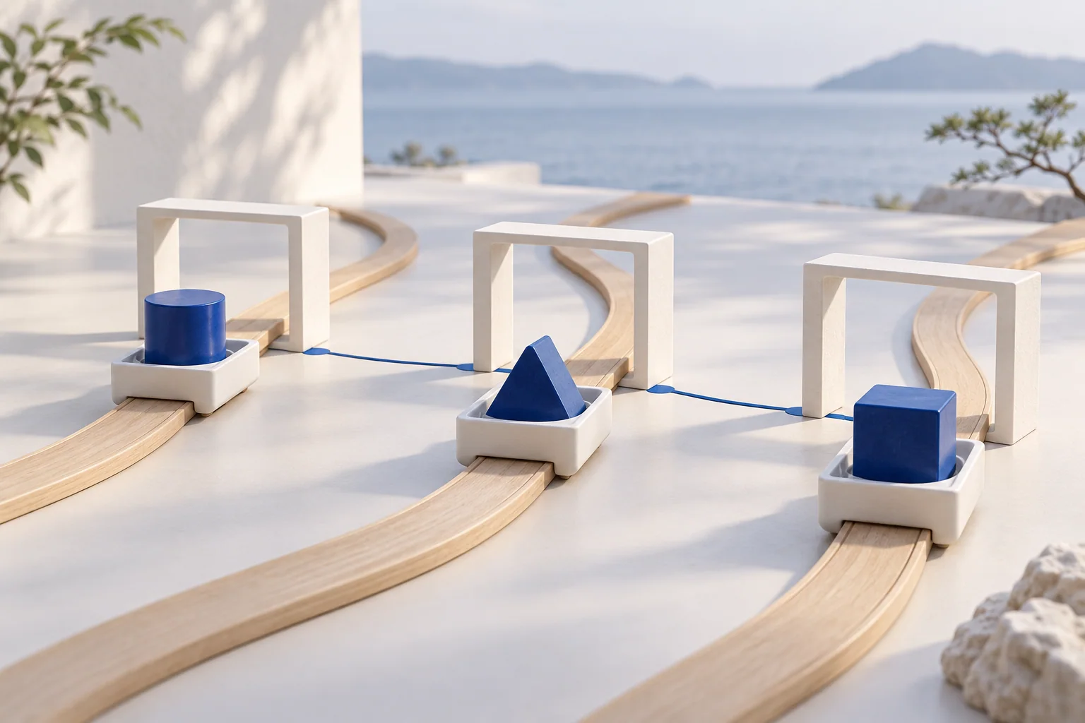 Three differently shaped blue pieces sit in separate carriers on paths passing through identical open white frames.