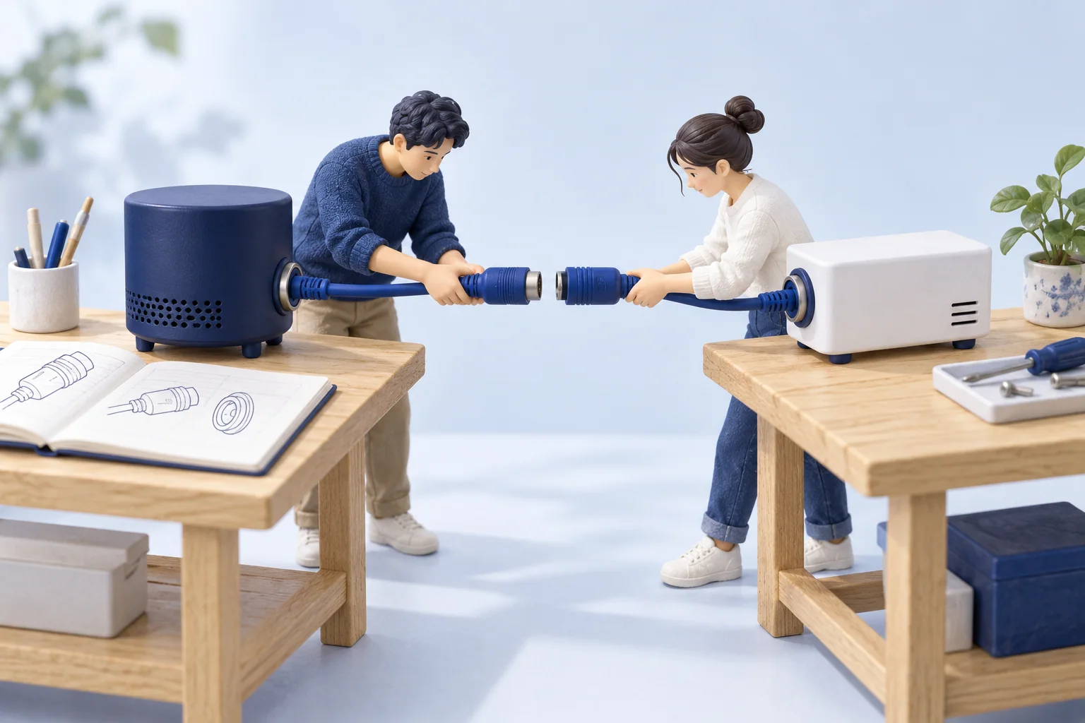 Two miniature engineers bring matching blue connectors together between independently built devices.