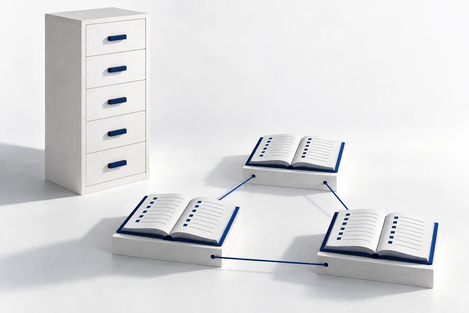 Illustration conceptuelle : une haute armoire à dossiers côtoie trois registres ouverts de même taille, reliés en triangle.