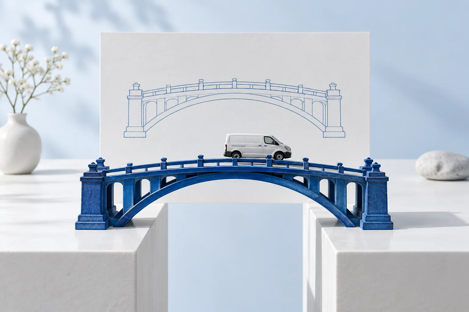 Ilustración conceptual de un puente azul que sostiene una furgoneta, con un dibujo del mismo puente al fondo.