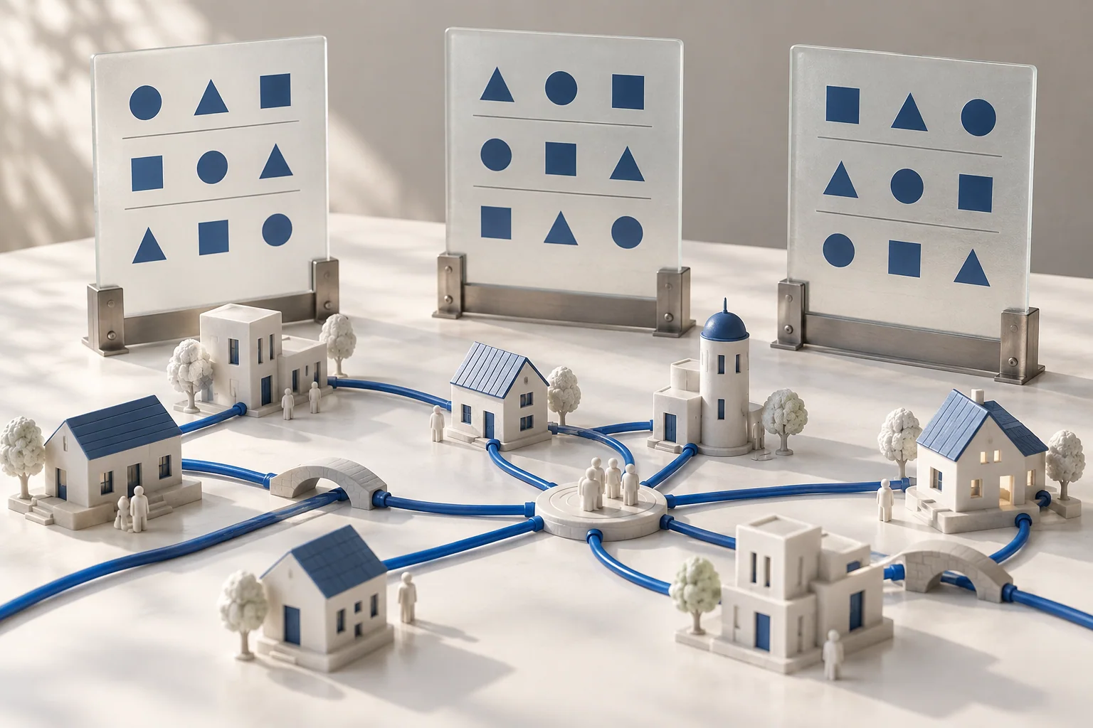 Maquette conceptuelle d’un quartier relié par des câbles bleus continus, sous trois panneaux qui présentent les mêmes formes dans des ordres différents.