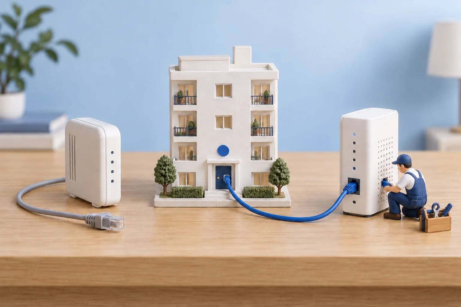 The same model building connects to a new network device while the former connection rests unused.