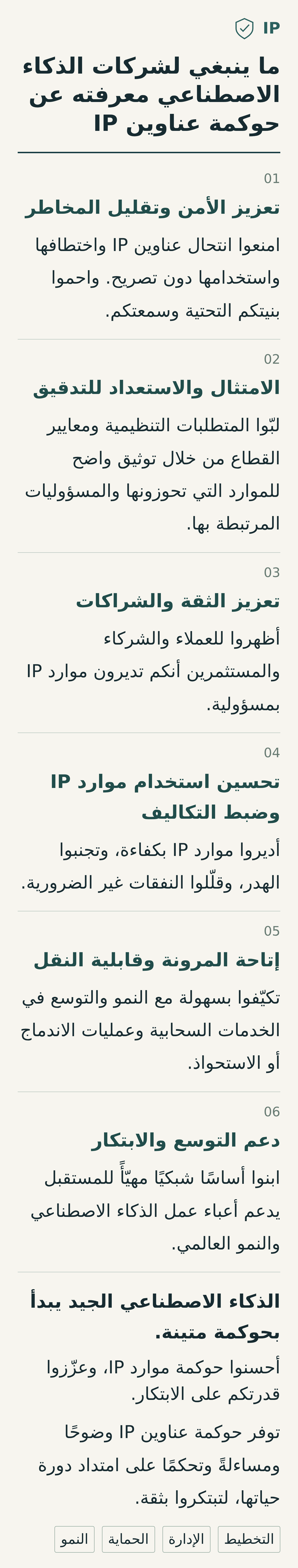 رسم معلوماتي يعرض ست أولويات لحوكمة عناوين IP لدى شركات الذكاء الاصطناعي: الأمن، والامتثال، والشراكات، وكفاءة استخدام الموارد، وقابلية النقل، والشبكات القابلة للتوسع.