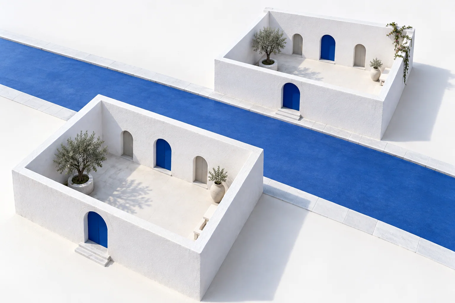 Two separate white courtyards repeat a blue doorway beside the same blue street.