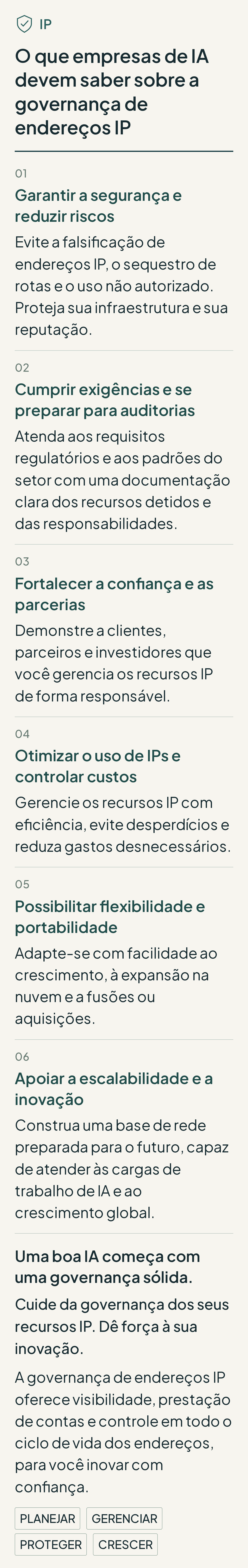 Infográfico com seis prioridades de governança de IP para empresas de IA: segurança, conformidade, parcerias, uso eficiente de recursos, portabilidade e redes escaláveis.