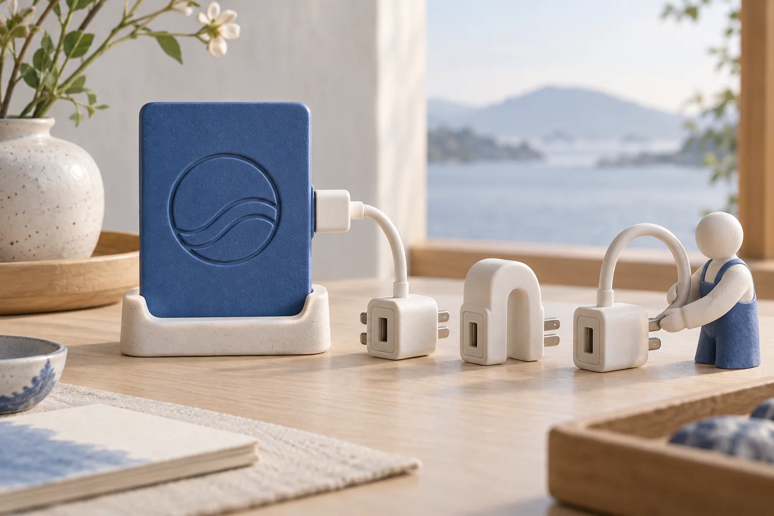 Une pièce bleue à motif circulaire reste dans son socle, à côté de trois modules de connexion : un branché et deux de rechange.