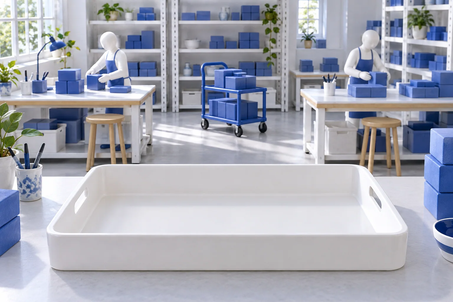 Conceptual workshop with an empty tray in the foreground and people, shelves and a trolley carrying blue blocks behind it.