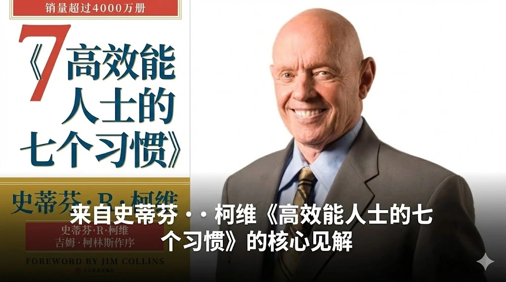 一张结合了经典书籍封面与作者照片的中文创意图片。左侧是史蒂芬·柯维（Stephen Covey）的著作《高效能人士的七个习惯》（The 7 Habits of Highly Effective People）的封面，展示了醒目的数字“7”以及书名。右侧是作者史蒂芬·柯维面带微笑、形象专业的近照，背景为简洁的白色。图片中央下方覆盖着醒目的白色中文字体，标题为“史蒂芬·柯维《高效能人士的七个习惯》核心见解”。