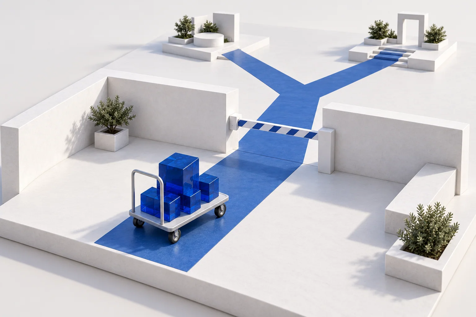 Maquette conceptuelle d’un chariot chargé de blocs bleus devant une barrière baissée ; au-delà de la cour, le chemin mène à deux destinations.
