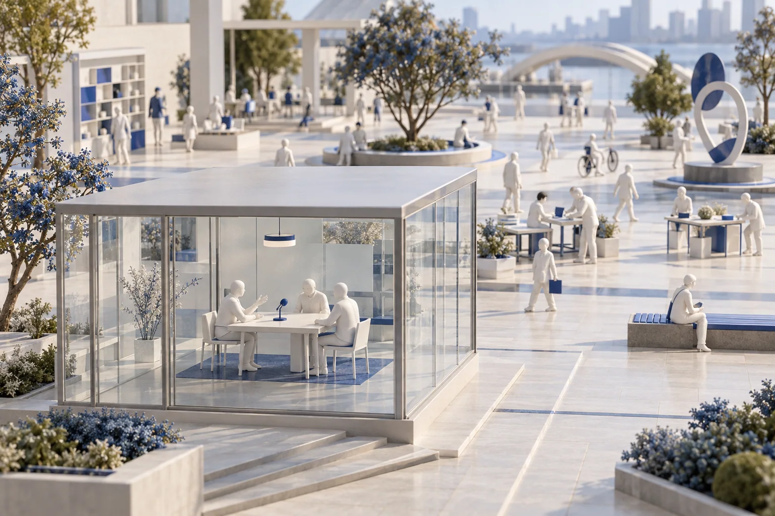 Salle de réunion conceptuelle en verre, avec des figurines autour d’un microphone, tandis que d’autres personnes poursuivent leurs activités à l’extérieur.