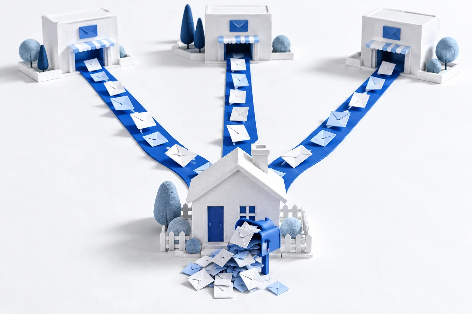 Three streams of blue and white envelopes converge from separate counters on one house and its overflowing blue mailbox.