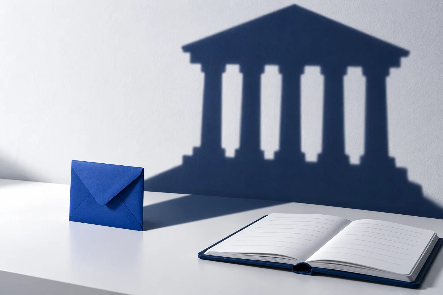 Conceptual illustration of a blue envelope casting an oversized, columned-building shadow beside an open ledger.