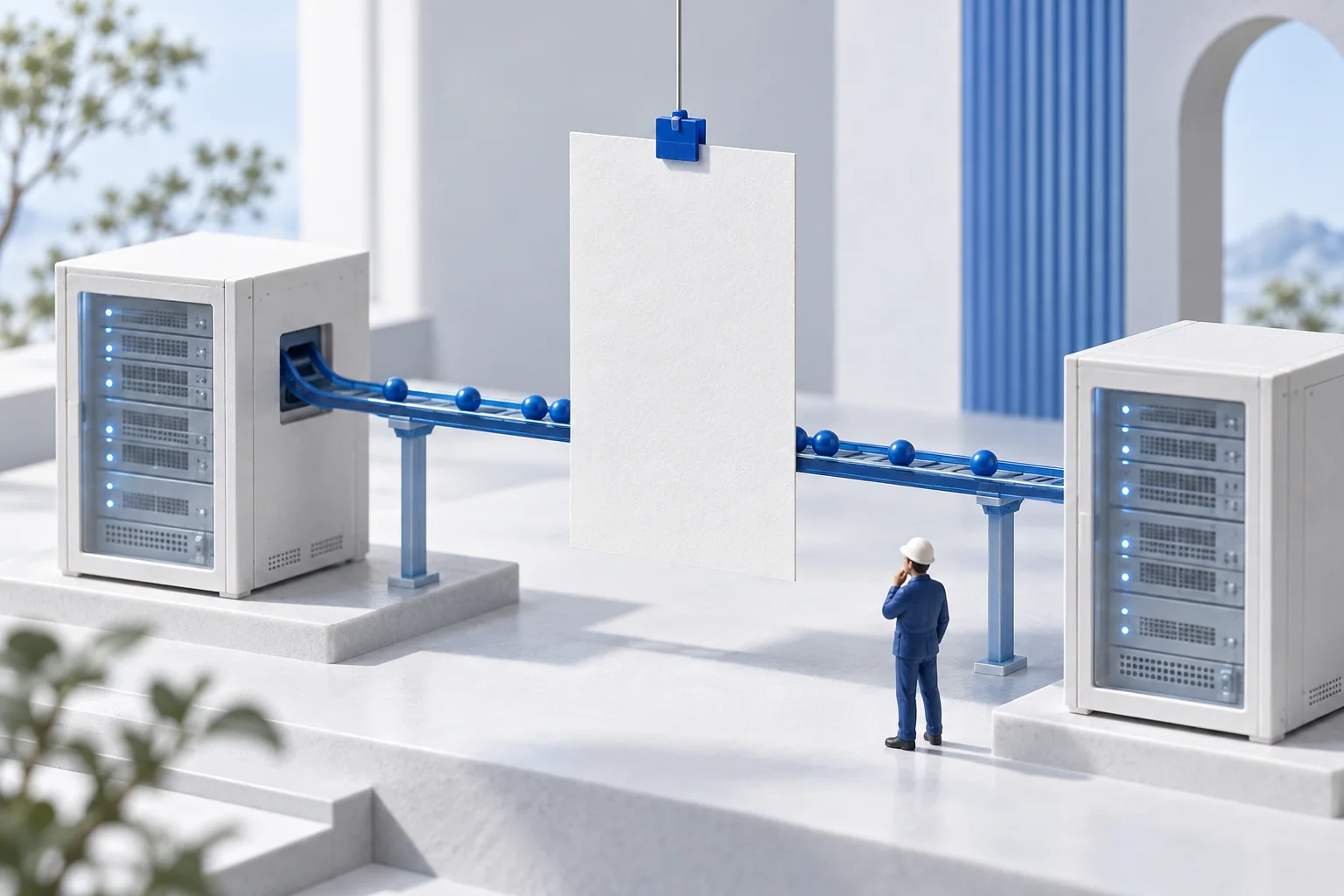 A blank administrative card interrupts the blue route between two working network cabinets.