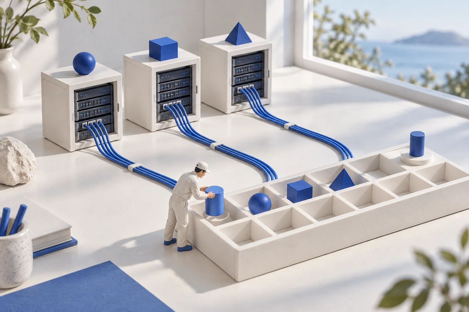 A miniature technician arranges blue markers beside three network cabinets and a divided tray.