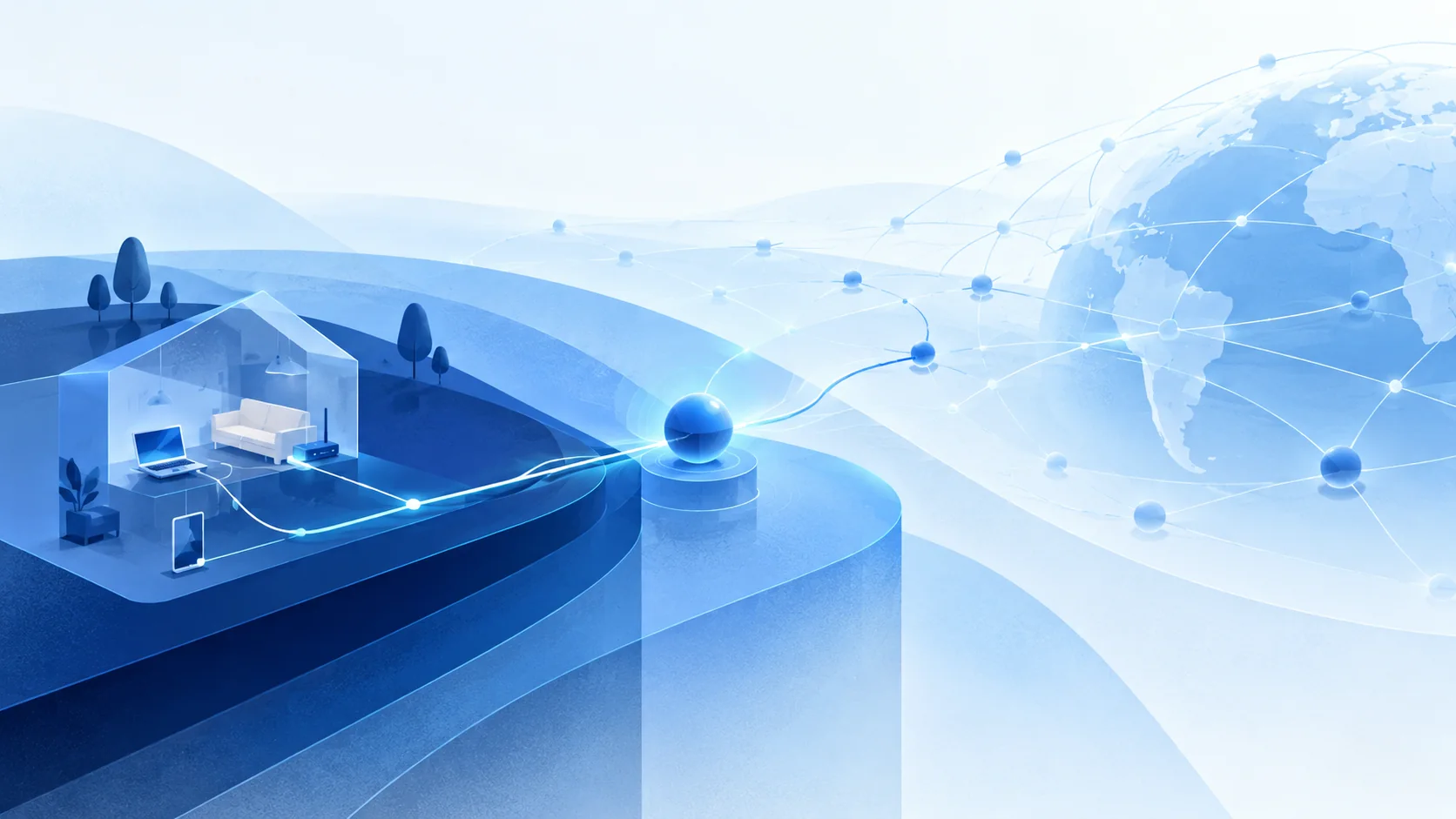 Eine blaue Route verbindet ein lokales Netzwerk mit einem größeren Feld von Internetknoten.