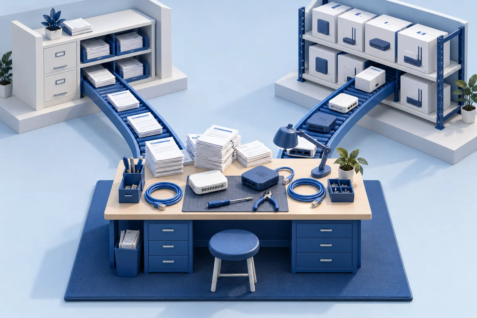 Conceptual workshop where two blue conveyors bring paperwork and new equipment to the same network maintenance bench.
