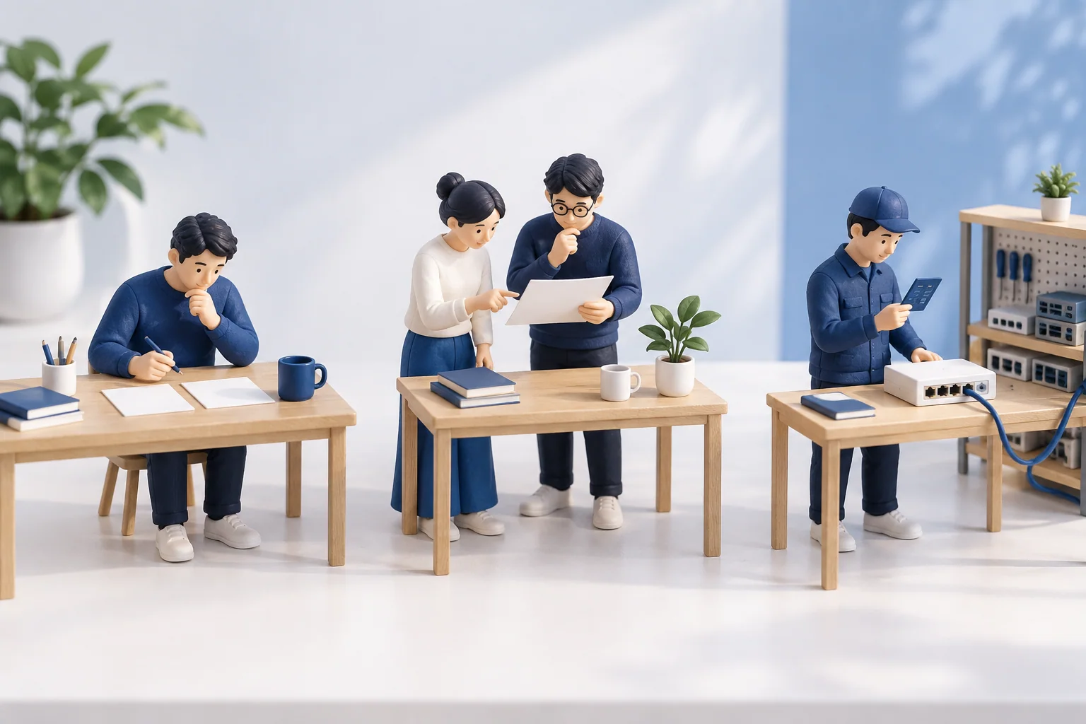 Three miniature scenes show a proposal being drafted, discussed and examined beside working network equipment.