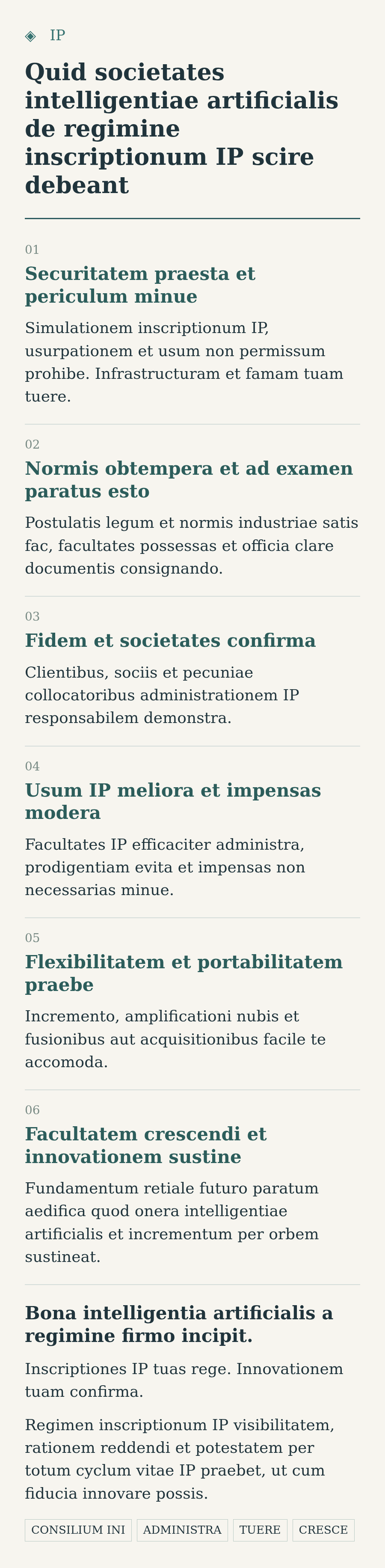 Infographicum sex prioritatibus regiminis IP pro societatibus intelligentiae artificialis: securitate, obsequio, societatibus, usu efficaci facultatum, portabilitate et retibus amplificabilibus.