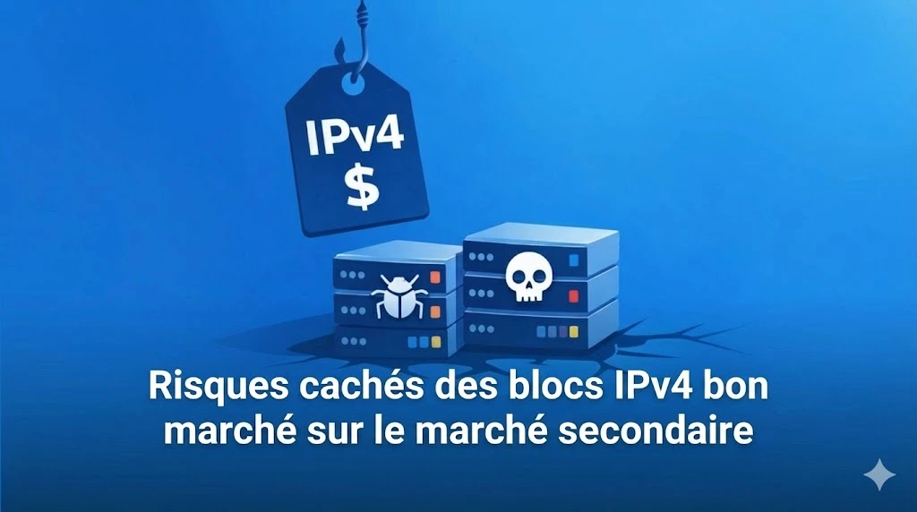 Une illustration où un hameçon muni d'une étiquette de prix "IPv4 $" tire deux serveurs informatiques hors d'un sol fissuré. L'un des serveurs est marqué d'une icône d'insecte (bug) et l'autre d'un crâne, symbolisant des dangers. Le texte en bas de l'image indique : "Risques cachés des blocs IPv4 bon marché sur le marché secondaire".