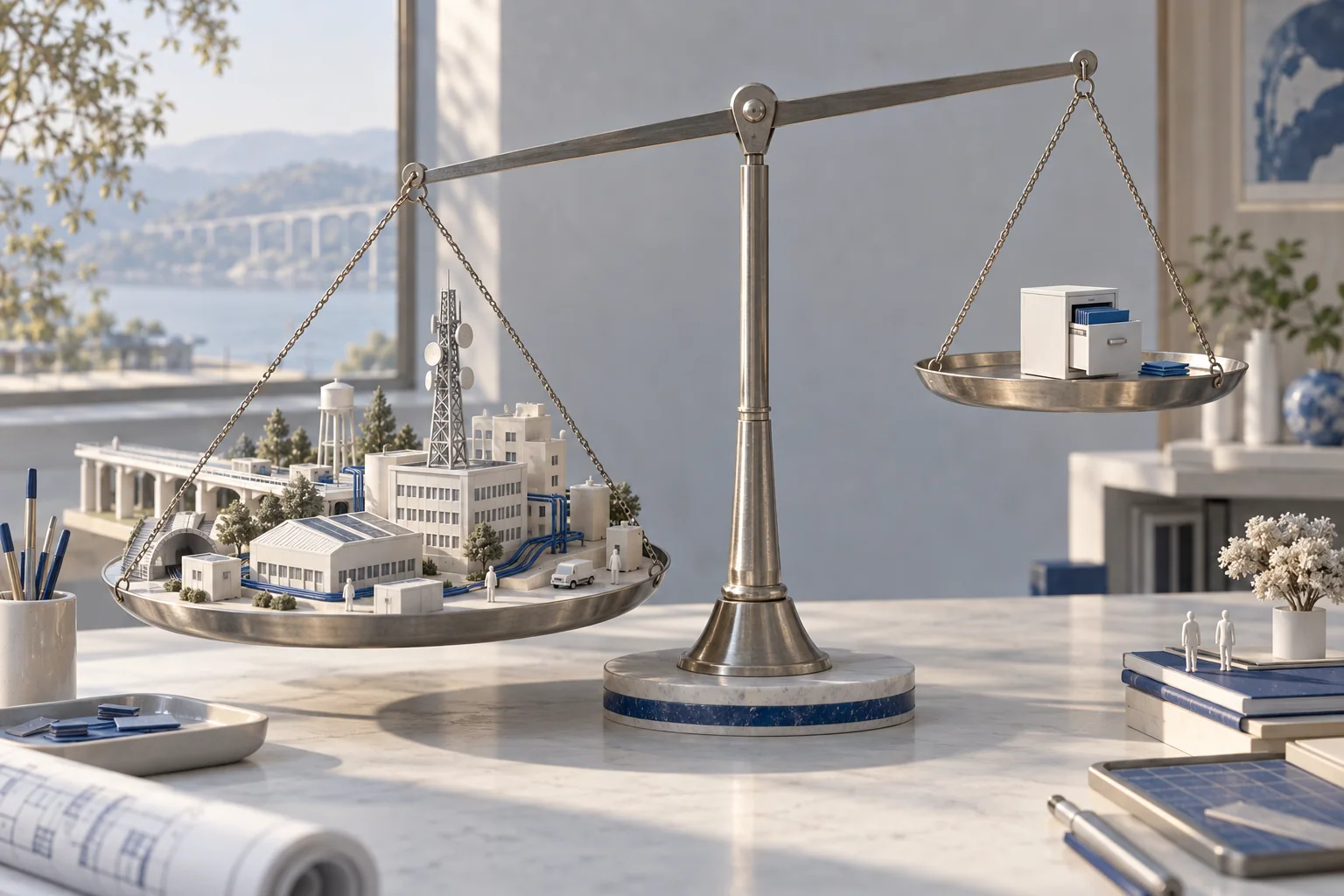 Balance conceptuelle dont un plateau s’abaisse sous une maquette d’infrastructures, tandis qu’un petit meuble à dossiers reste en hauteur sur l’autre.