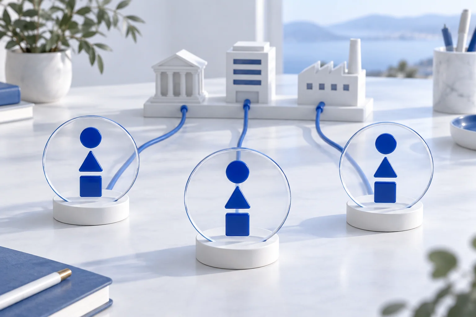 Tres placas transparentes muestran el mismo círculo, triángulo y cuadrado azules, en idéntico orden, y están conectadas a pequeñas maquetas de edificios.