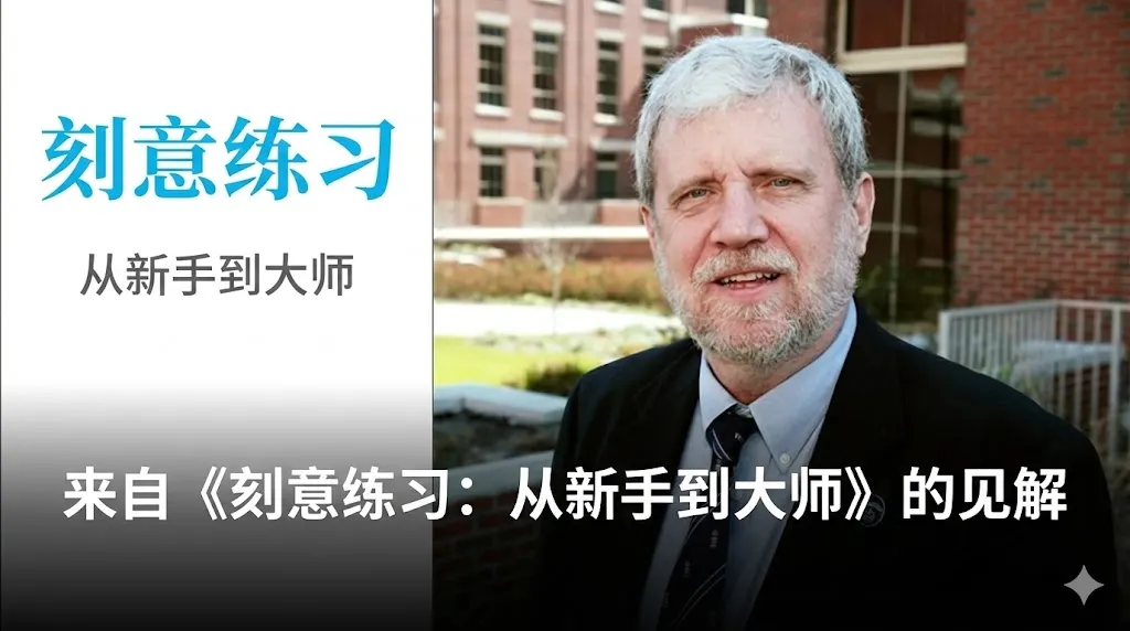 这是一张合成图片。左侧是书籍《刻意练习》（Peak: Secrets from the New Science of Expertise）的英文版封面，上方有蓝色的“PEAK”字样，下方是红色的副标题。右侧是该书作者安德斯·艾利克森（Anders Ericsson）的半身照，他是一位留着白发和胡须、戴着眼镜的长者，身穿深色西装、浅蓝色衬衫并系着领带。图片下方覆盖着白色粗体中文字幕：“来自《刻意练习：如何从新手到大师》的见解”。