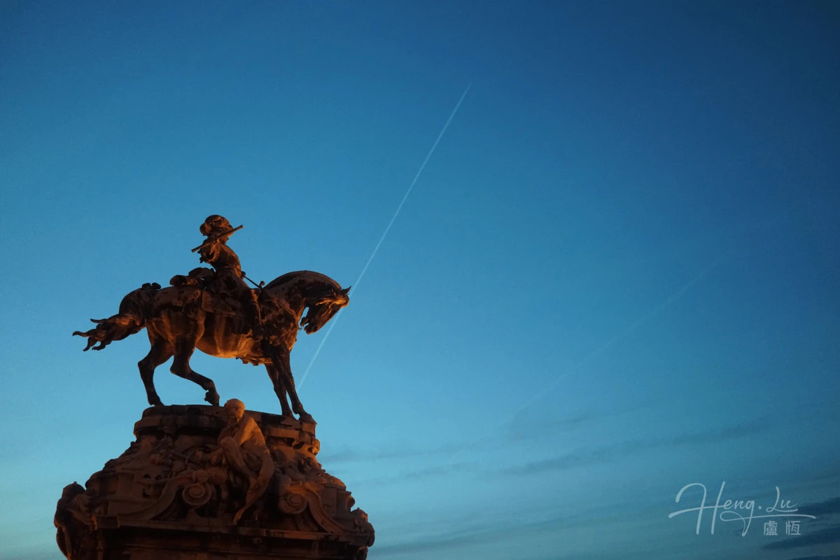 Equestrian Statue Against Twilight Sky in Budapest