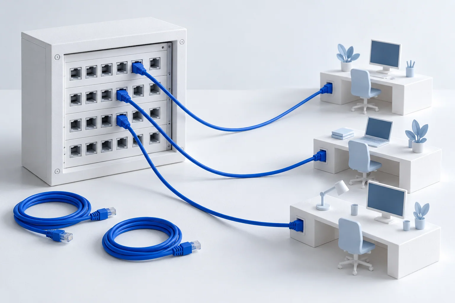 Blue cables connect a white patch panel to three model workspaces, with unused sockets and spare cables alongside.
