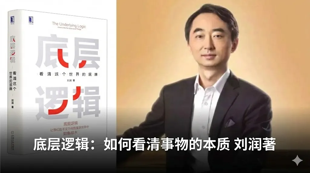 一张结合了书籍封面与作者形象的中文创意图片。左侧是刘润的著作《底层逻辑：看清这个世界的底牌》的白色封面，书名采用了灰黑色的艺术字体，并带有红色的强调线条。右侧是作者刘润身穿深色西装、面带自信微笑的近照。图片下方覆盖着醒目的白色中文字体，标题为“刘润《底层逻辑》：如何洞察事物的本质