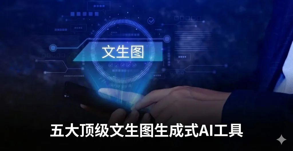 一张极具科技感的示意图,展示了文本生成图像的人工智能技术。画面中,一只手正操作着智能手机,手机上方悬浮着蓝色的全息投影界面,中心显示着“文本生成图像” (Text-to-Image) 字样,并伴有数字化的处理进度和确认图标。图片底部印有醒目的白色中文字体,标题为“五大顶尖文本生成图像 AI 工具”