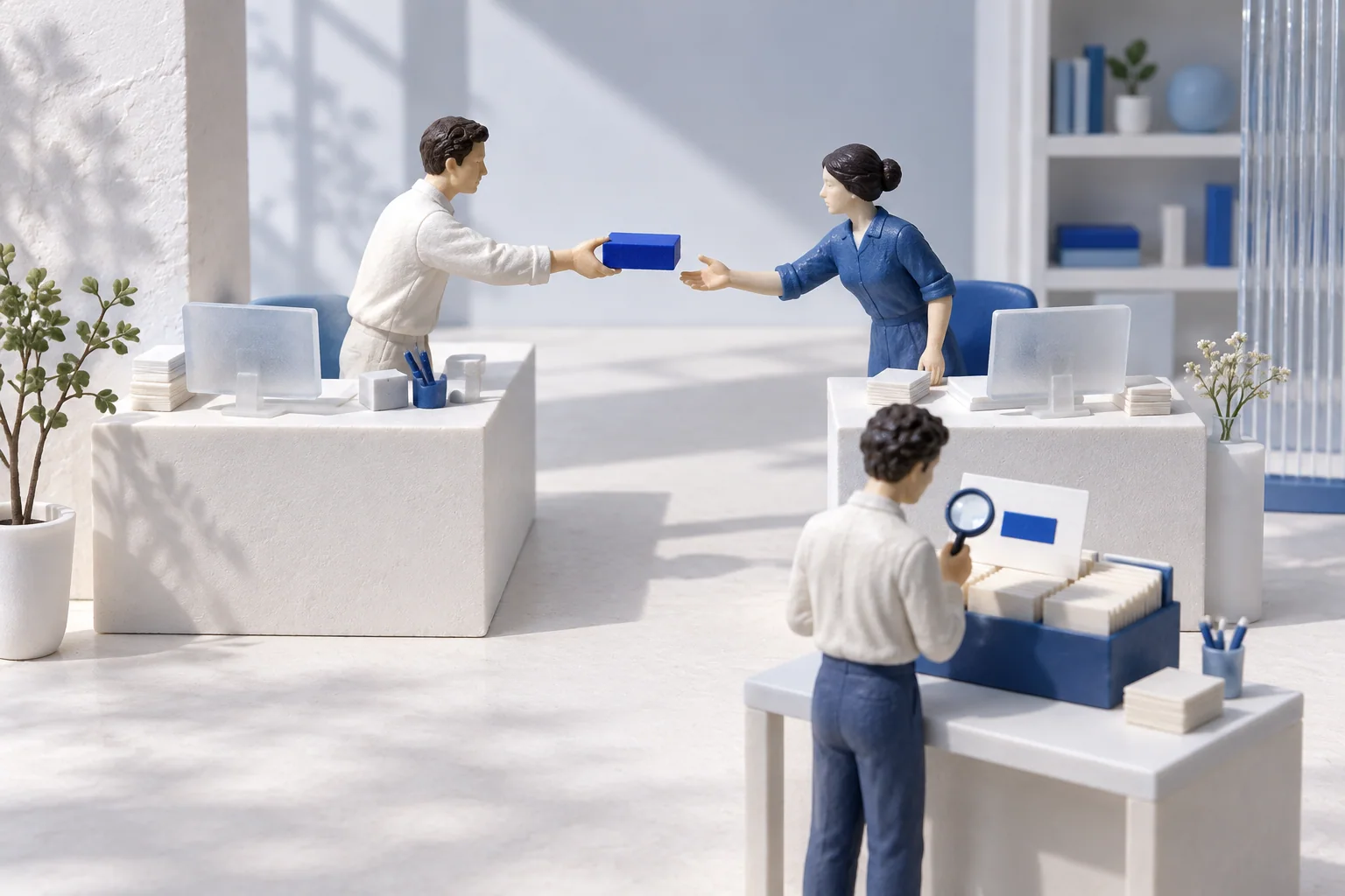 Two operators exchange a blue token while a recordkeeper checks a matching record beside the open path.