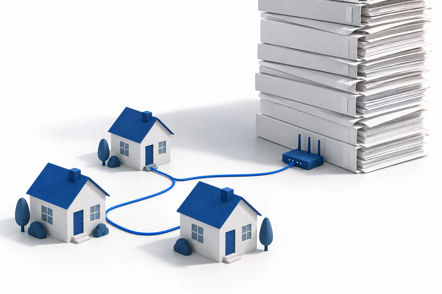 Illustration conceptuelle : trois maisons reliées à un petit routeur, au pied d’une immense pile de dossiers administratifs.