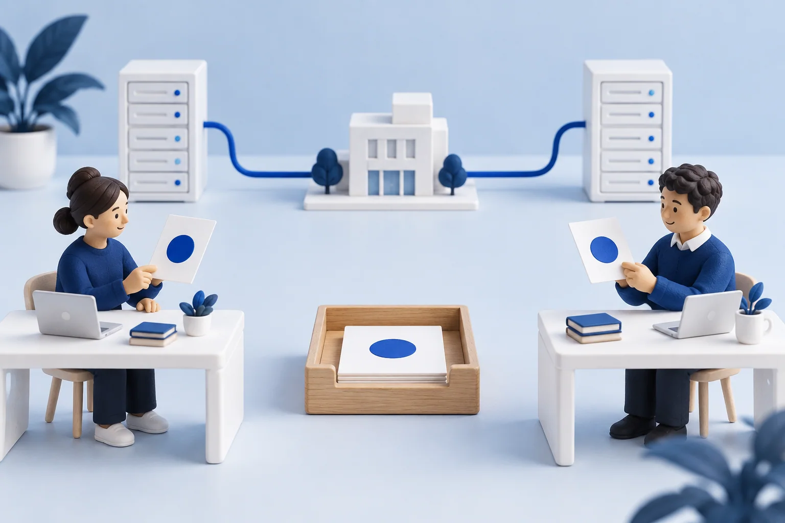 Two people compare matching record cards while the network equipment behind them stays connected.
