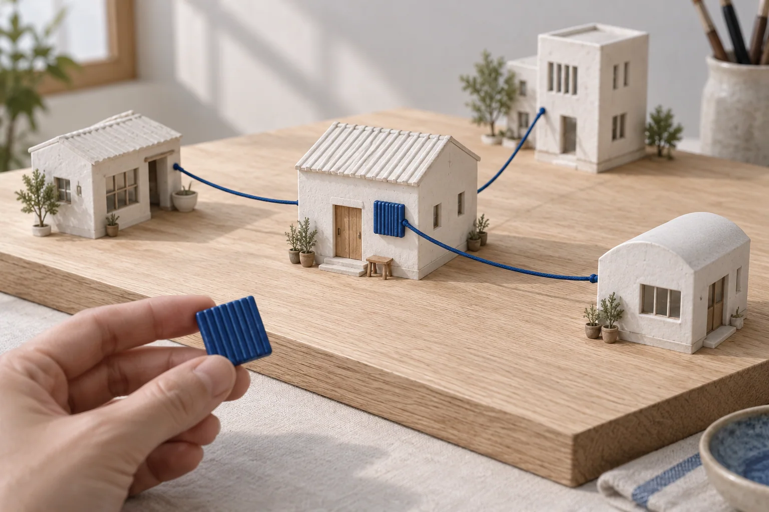 A blue tile on a miniature workshop connects to nearby buildings; a hand holds a similar unattached tile.