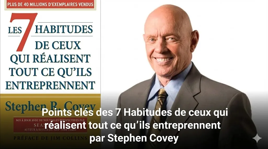 Une image montrant sur la gauche la couverture française du livre « Les 7 Habitudes de ceux qui réalisent tout ce qu'ils entreprennent » de Stephen R. Covey, avec la mention « PLUS DE 40 MILLIONS D'EXEMPLAIRES VENDUS ». Sur la droite, un portrait photographique de l'auteur Stephen Covey souriant. Un texte en bas de l'image indique : « Points clés des 7 Habitudes de ceux qui réalisent tout ce qu'ils entreprennent par Stephen Covey »