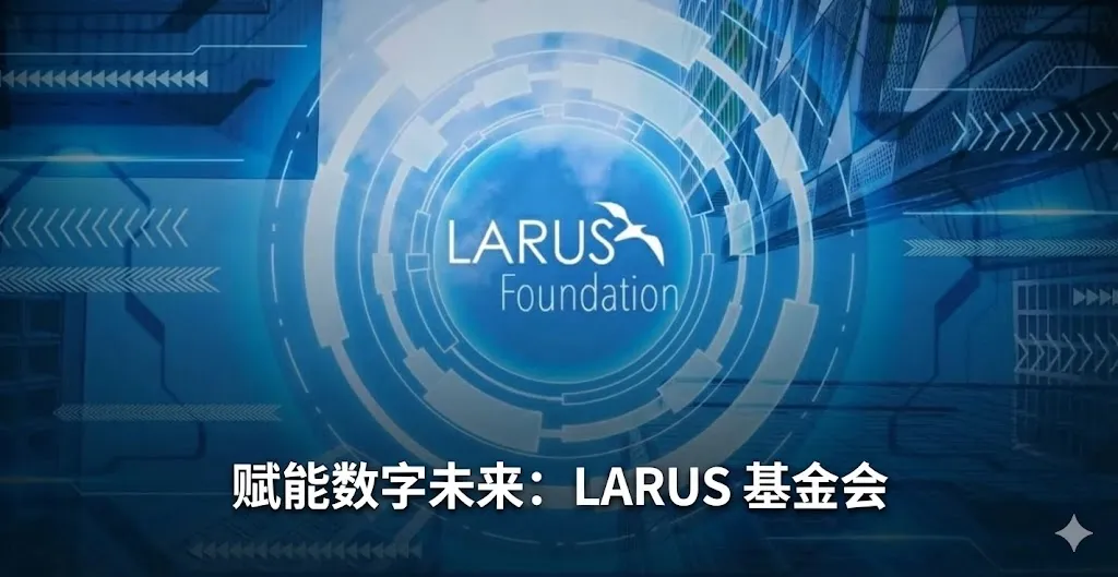 这是一张极具现代感的科技主题合成图片。背景是蓝色的抽象几何图形，呈现出一种多层圆环嵌套的动态效果，象征着数字技术与连接性。图片中心是 LARUS 基金会的官方标志，其文字旁带有一个海鸥飞翔的剪影。图片底部覆盖着白色粗体中文字幕：“赋能数字未来：LARUS 基金会”