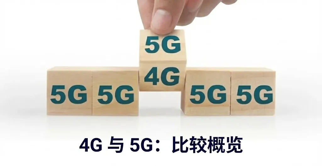 一张直观的对比图，背景为简洁的白色。画面中心是一只手正在移动印有“5G”字样的木块，将其覆盖在印有“4G”字样的木块之上，象征着技术的更新换代。左右两侧各有两个印有“5G”的木块并排排列。图片下方覆盖着清晰的深蓝色中文字体，标题为“4G vs 5G：技术对比概览”