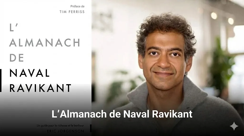 Une image montrant la couverture du livre 'L'Almanach de Naval Ravikant', avec une photo de Naval Ravikant souriant à droite et le titre traduit en français sur la gauche. Le texte comprend "Préface de TIM FERRISS", "L'ALMANACH DE NAVAL RAVIKANT", "Un guide pour la richesse et le bonheur" et l'auteur "ERIC JORGENSON". Une bannière en bas reprend le titre "L'Almanach de Naval Ravikant".