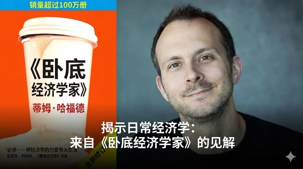 这是一张合成图片。左侧是提姆·哈福德（Tim Harford）的畅销书《卧底经济学》（The Undercover Economist）的英文版封面，封面主体是一个印有书名的白色外带咖啡杯，背景为亮橘色。右侧是作者提姆·哈福德的近距离肖像照，他留着短发和胡渣，面带微笑。图片下方覆盖着白色粗体中文字幕：“揭开日常经济学的面纱：来自《卧底经济学》的见解”