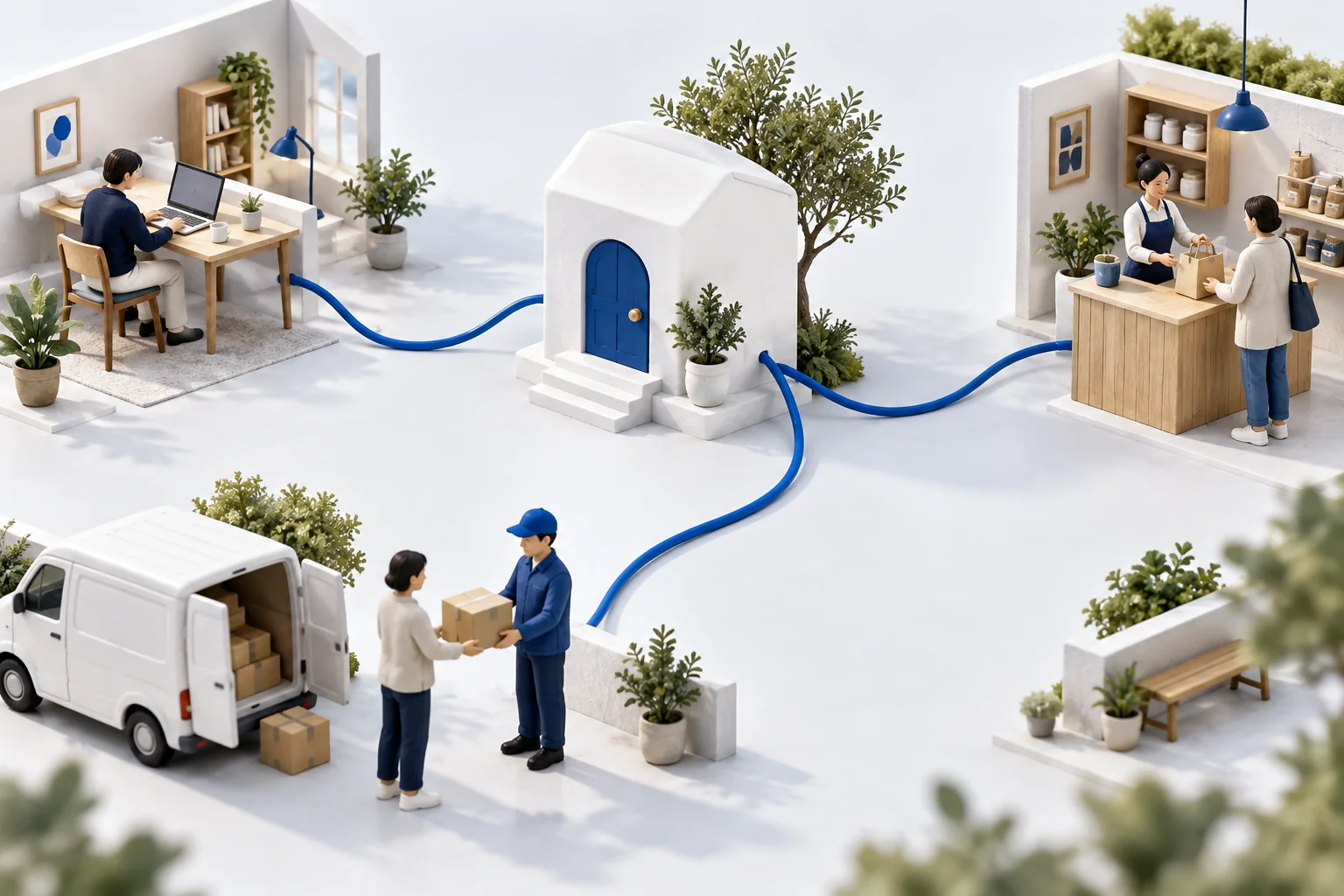 Blue connections link a small service building to an office, a shop and a delivery workspace.