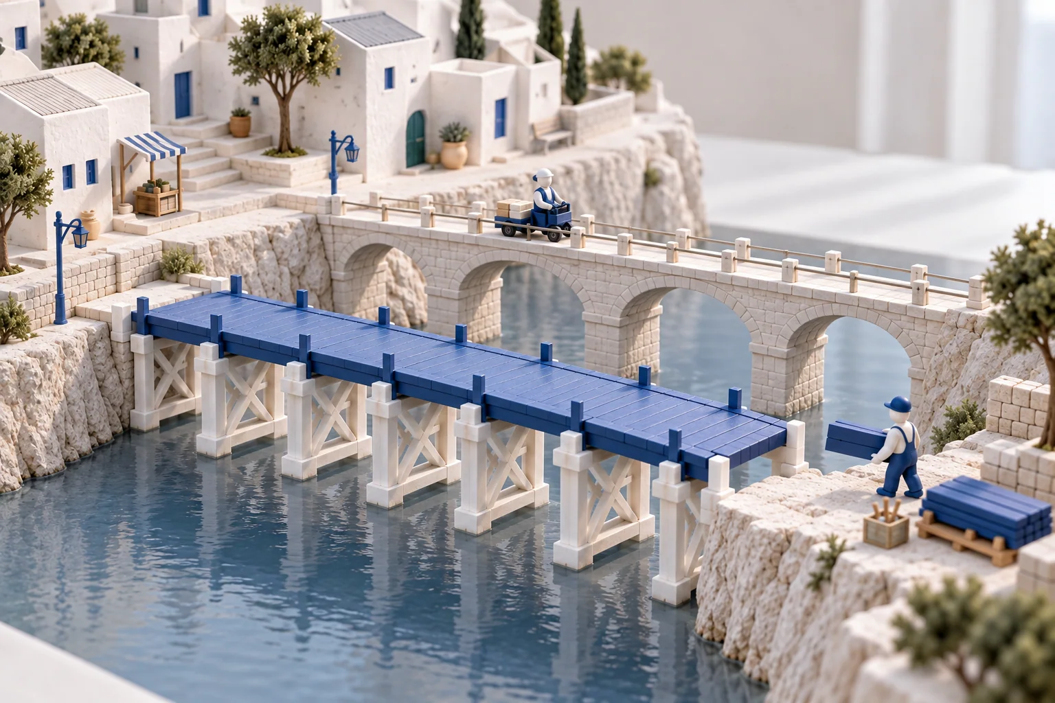 Maquette d’un village : un chariot traverse un pont de pierre pendant qu’un second pont, bleu, se construit à côté.