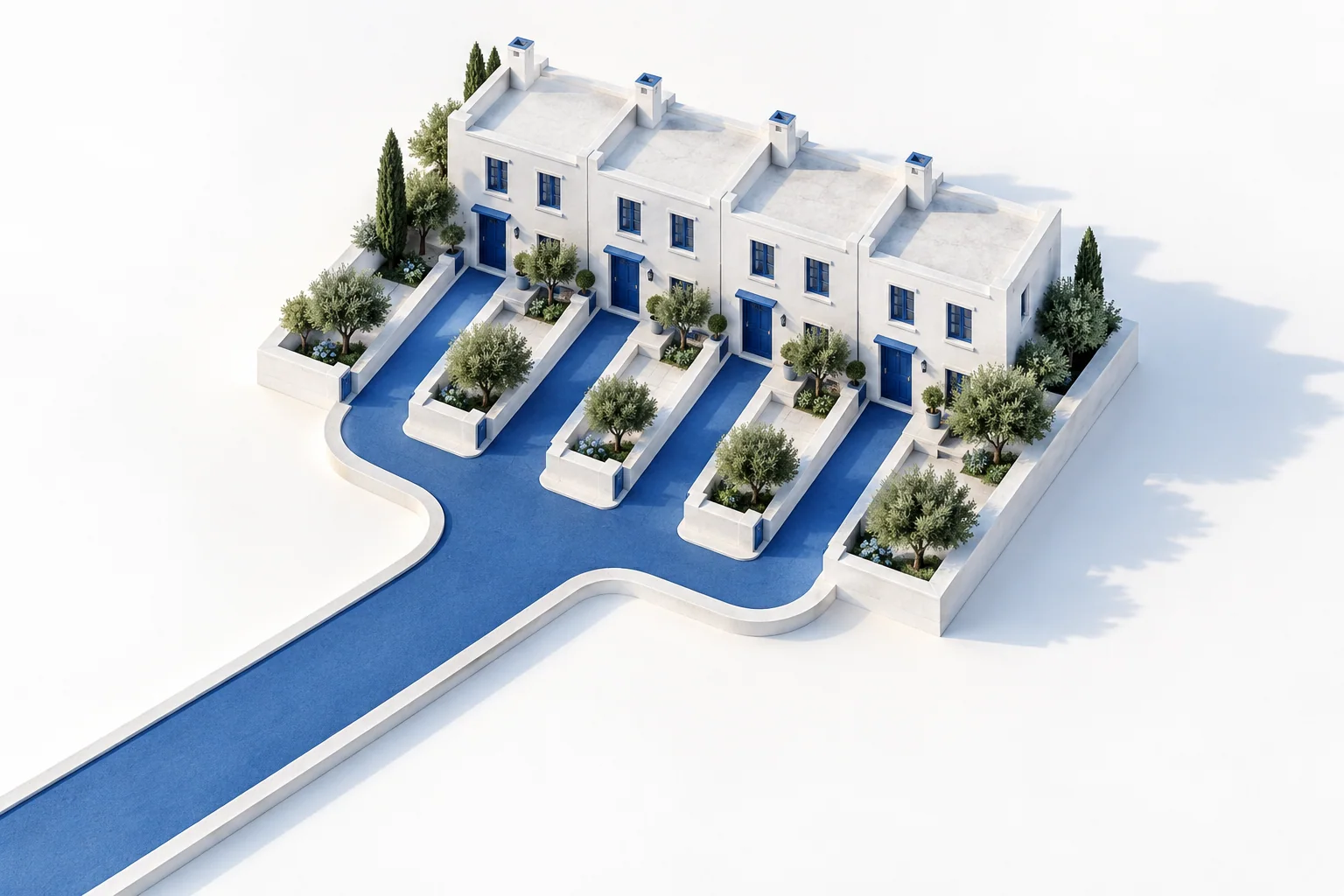 Four white homes with separate blue paths join a single blue approach road.
