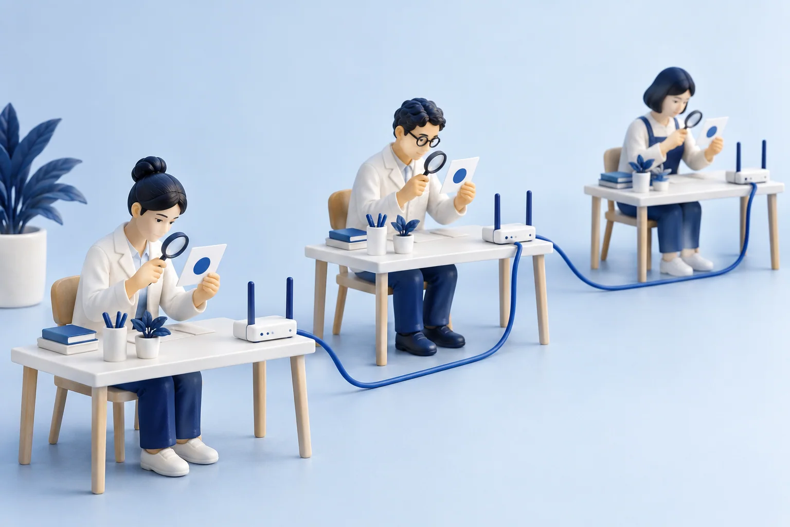 Tres figuras comprueban tarjetas en puestos separados, conectados mediante cables azules.